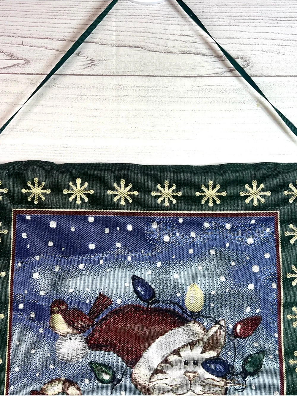 Vintage Cat Christmas Tapestry Wall Hanging Holiday 90s Woven Cottagecore